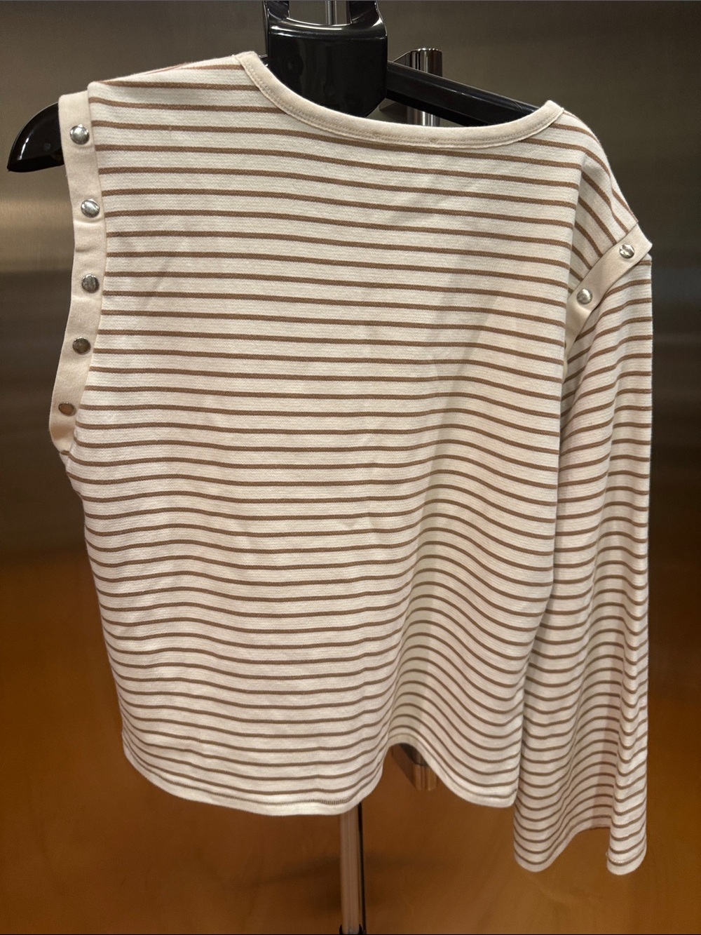 Anthropologie Cream and Tan Striped Button-Shoulder Long Sleeve Top - Picture 7 of 12